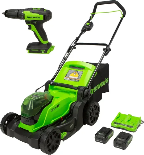 Vista 2 de Greenworks Cortacésped inalámbrico sin escobillas de 48 V y 17 pulgadas + taladro/destornillador de 24 V, (2 x 24 V) y carrete de línea de repuesto
