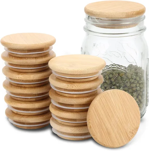 Vista 10 de Paquete de 6 tapas para frascos Mason de boca regular, tapas reutilizables para enlatado, tapas para frascos Mason de madera de acacia con sello