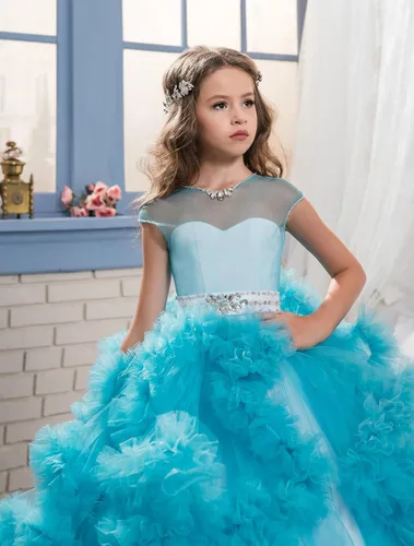 Vista 3 de Impresionantes vestidos de tul con espalda en V para niñas de 2 a 12 años Azul