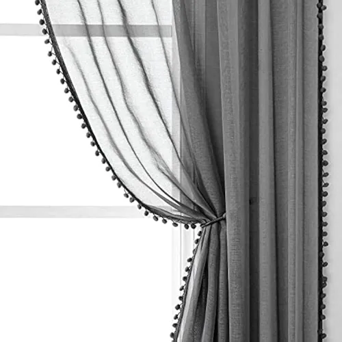 Vista 36 de MISS SELECTEX Cortinas semitransparentes con aspecto de lino y borlas de pompones - Cortinas de gasa semitransparentes con bolsillo para varilla