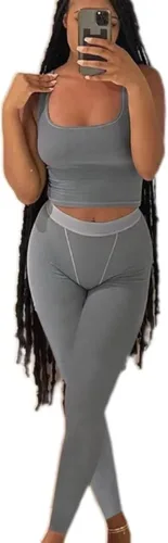 Vista 2 de AYWA Conjuntos de entrenamiento casuales de dos piezas para mujer, camiseta sin mangas acanalada, cintura alta, leggings para uso activo