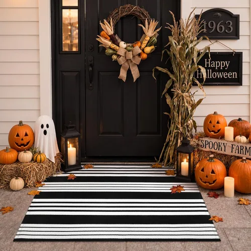 Vista 10 de Tapete de puerta de otoño a rayas de 24 x 36 pulgadas, alfombra de Blanco y Negro 1