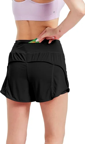 Vista 3 de YLDUJ AMUM Pantalones cortos deportivos de cintura alta para mujer con forro para entrenamiento, gimnasio, correr, con bolsillos con cremallera