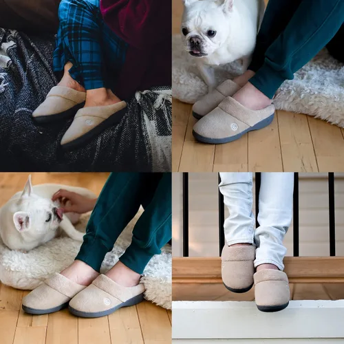 Vista 5 de isotoner Pantuflas de rizo con capucha para mujer con espuma viscoelástica suave, soporte de arco cómodo y suela para interiores y exteriores