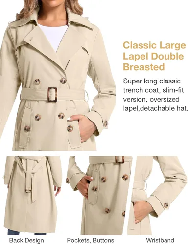 Vista 6 de poonyfesh Gabardina larga impermeable resistente al viento para mujer clásica con solapa de doble botonadura con capucha extraíble