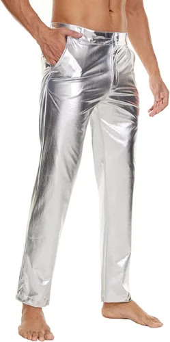 Vista 5 de Pantalones de discoteca metálicos brillantes para hombre, pantalones de cuero para fiesta de baile de estilo mojado, pantalones de cuero de los años