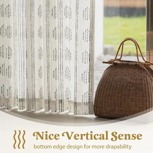 Vista 6 de Cortinas de lino bohemio para dormitorio y sala de estar, cortinas de estilo granja 63 pulgadas de largo, diseño geométrico a rayas con ojales