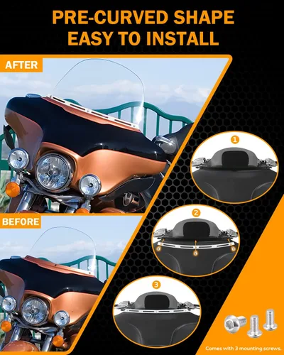 Vista 5 de PBYMT Parabrisa biselada con ranuras pulidas de acero inoxidable en forma de murciélago, cromada, compatible con Harley Tri Electra Street Glide
