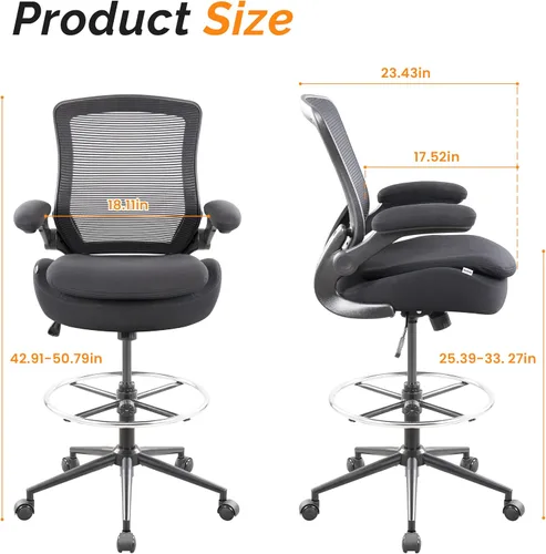 Vista 8 de Silla de redacción alta para oficina, taburetes ergonómicos de escritorio de pie para computadora, reposabrazos abatibles, altura ajustable y anillo