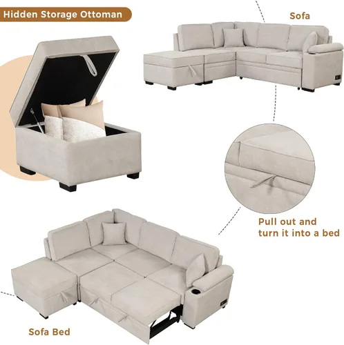 Vista 6 de Sofá cama modular con almacenamiento otomano, sofá cama extraíble con carga USB y portavasos, en forma de L, cómodos sofás para sala de estar, sofá
