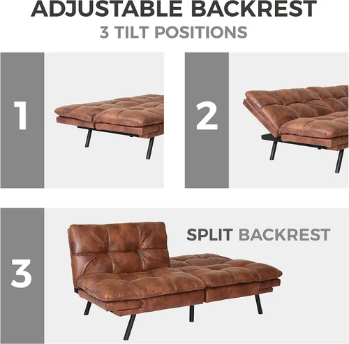 Vista 7 de Sofá cama de futón convertible de espuma viscoelástica, sofá cama de cuero estilo futón, sofá cama plegable moderno con reposabrazos y respaldo