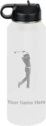 Vista 56 de LaserGram Botella de agua personalizada, golfista de golf, acero inoxidable de doble pared aislada al vacío con popote superior, regalo grabado Negro