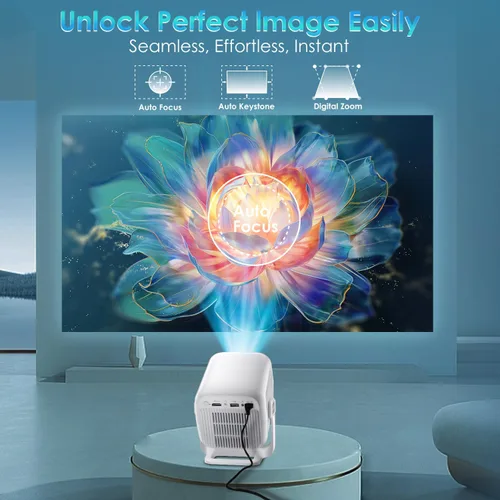 Vista 4 de Mini proyector inteligente WiFi Bluetooth, enfoque automático/Keystone, nativo 1080P, 4K Built-in Apps, Short Throw, Portable Projectors for