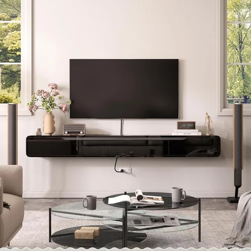 Vista 9 de FurniNova Soporte de TV flotante de alto brillo con 3 puertas, mueble de TV de 47'' montado en pared, consola bajo TV, estante de medios flotante