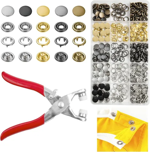 Vista 8 de GTAAOY 100 juegos de botones de presión de metal de 0.374 in perfectos para ropa, sombreros y costura, 5 colores de broches huecos con alicates