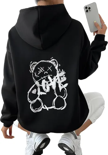 Vista 4 de GORGLITTER Sudadera con capucha y cordón reflectante para mujer, manga larga, hombros caídos, sudadera con capucha