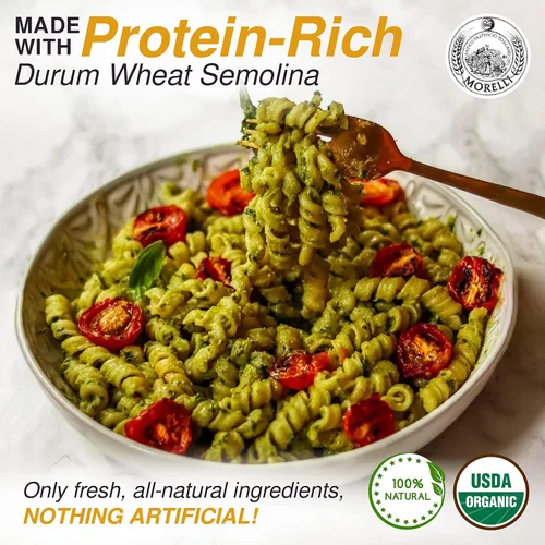 Vista 4 de Morelli - Pasta en espiral orgánica de sémola de trigo duro prémium de Italia, rica en proteínas, granos antiguos, totalmente naturales, italiana