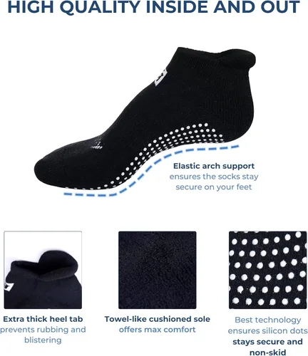 Vista 4 de Calcetines antideslizantes para yoga, barre, pilates, hospital, maternidad, con empuñaduras, para mujeres y hombres, 2 pares, color negro