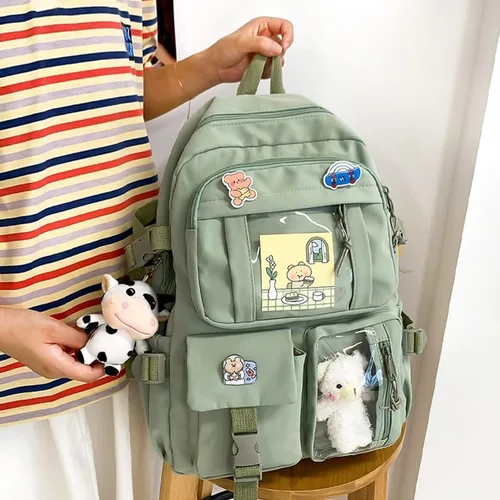 Vista 2 de Linda mochila Kawaii para niñas, mochila escolar kawaii, mochila escolar de anime, llavero colgante mochila de viaje, Verde, Lindo