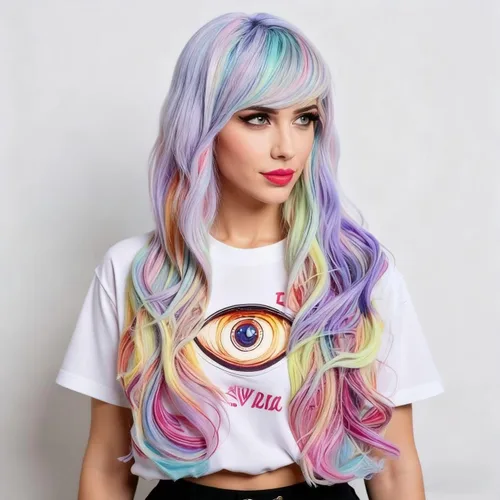 Vista 3 de Rugelyss Pelucas coloridas arcoíris para mujer, 26 pulgadas de largo, ondulado, a la moda, sintético de cabeza completa, peluca con flequillo