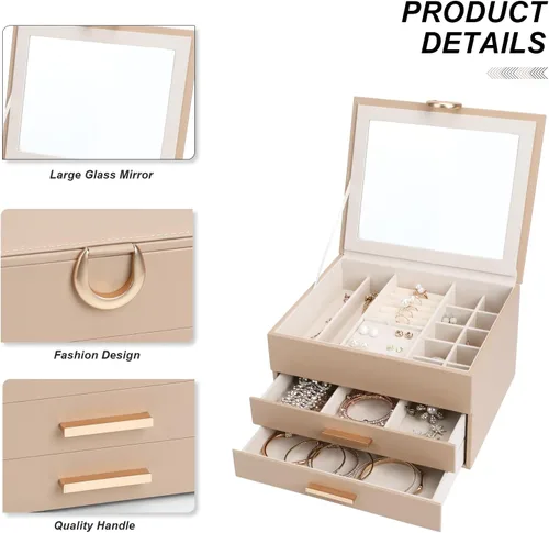 Vista 4 de Elegant Gift Jewelry Box with Mirror - 3-Layer Organizer for Earrings, Rings, Necklaces, Ready to Give for Birthday Anniversary Christmas Apricot