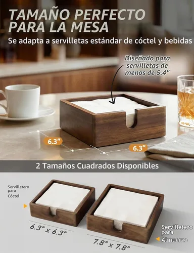Vista 3 de DEMIGO Servilletero de madera de acacia para cóctel, 5.4 pulgadas, bandeja cuadrada para servilletas