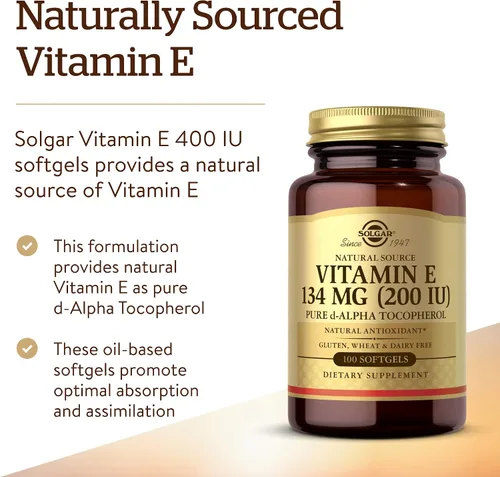 Vista 3 de Solgar Vitamina E 200 UI Alfa, 100 cápsulas blandas – Antioxidante, Envejecimiento saludable, Piel sana, Apoyo del sistema inmunológico – Fuente