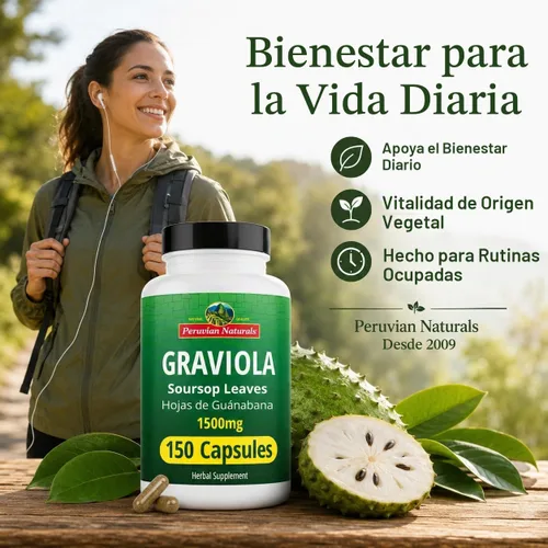 Vista 3 de Peruvian Naturals Graviola - Cápsulas de guanábana, 150 unidades, 1500 mg