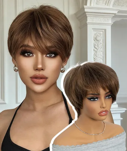 Vista 13 de QUEEN VIRGIN REMY QVR - Peluca de cabello humano con corte Pixie con flequillo, pelucas cortas para mujeres negras, cabello humano de diferentes