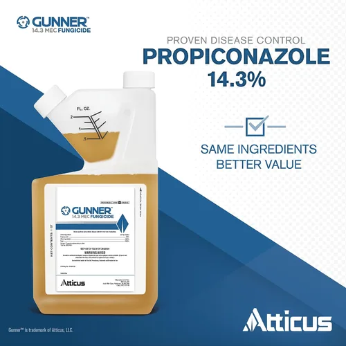 Vista 2 de Atticus Gunner 14.3 Propiconazol Fungicida (16 oz) controla el parche marrón, mancha de dólar, tizones, mildiú polvoriento y óxidos