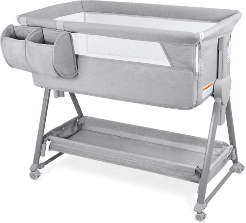Vista 8 de BIERUM Moisés de bebé para bebé – Moisés de noche ajustable de 7 alturas con ruedas bloqueables, fácil de montar, cuna portátil con bolsa de Gris