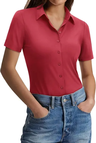 Vista 9 de Gleeivy Camisas con botones para mujer, ajustadas, de manga corta, elásticas, para el trabajo, sin arrugas, blusas de oficina