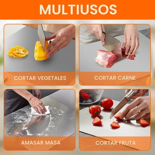 Vista 4 de Tabla de Cortar de Acero Inoxidable 304 con Pack de 2 Alfombrillas Antideslizantes, Yoposeo Tablas de Cortar y Picar Resistentes para Hornear