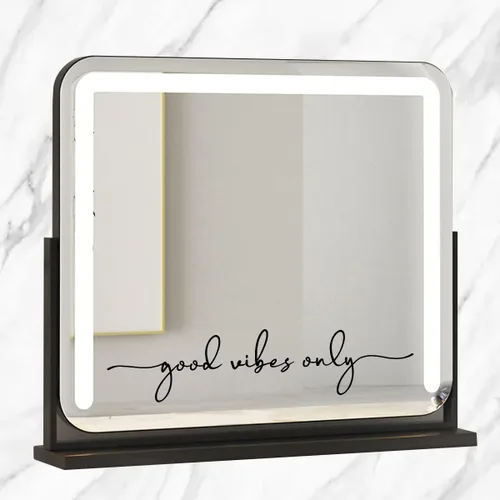 Vista 2 de Calcomanía de espejo "Good Vibes Only" – Adhesivo de vinilo negro con cita motivacional, arte de pared de afirmación positiva para baño, dormitorio
