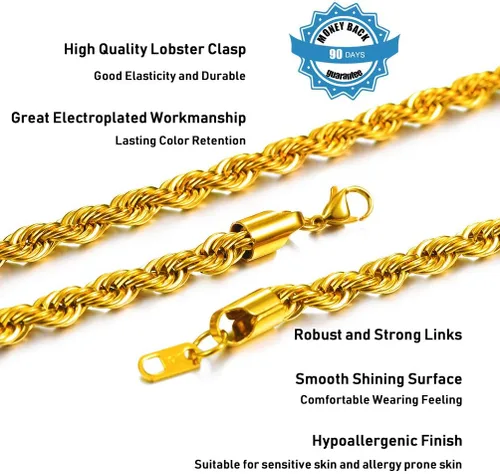 Vista 4 de PROSTEEL Collar de cadena de acero inoxidable para hombres y mujeres, cadena de trigocadena de cuerdacadena de caja, negroplatatono dorado, ancho