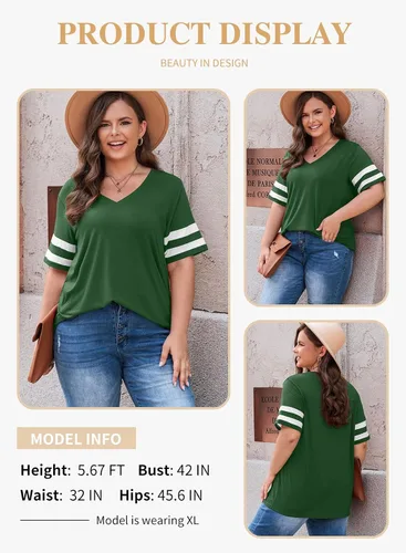 Vista 91 de Eytino Blusas de talla grande para mujer, cuello en V, manga corta, a rayas, casual, holgada, con bolsillo (1X-5X)