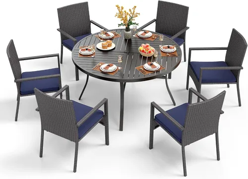 Vista 22 de PHI VILLA Juego de comedor al aire libre de 5 piezas para 4, mesa de comedor cuadrada de metal y sillas de mimbre de ratán con cojines, muebles