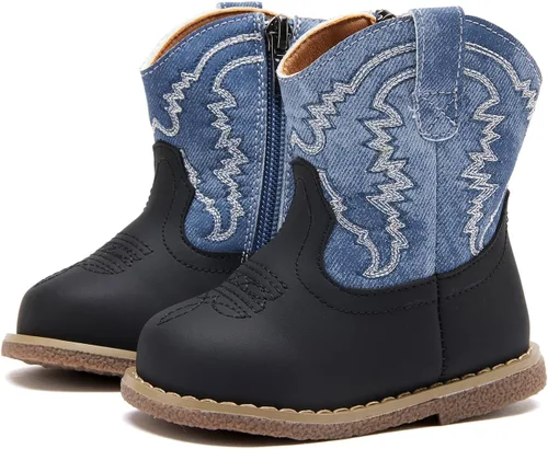 Vista 7 de BMCiTYBM Botas de bebé vaqueras para niño y niña, botas vaqueras occidentales para bebé, botas de vaquero para bebé con punta redonda, botas