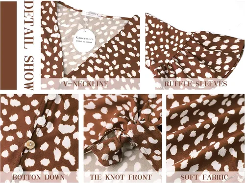 Vista 3 de Kancystore - Blusa de gasa con botones, para mujer, con cuello en V, lazo frontal, manga de 34 y estilo informal