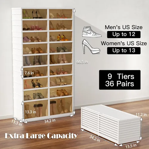 Vista 2 de Organizador de zapatero portátil de 9 niveles para clóset, contenedores de calzado de 36 pares, caja de almacenamiento de zapatos de plástico