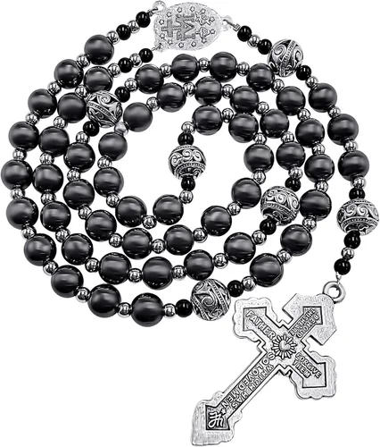 Vista 2 de Nazareth Store Pardon Hematite - Rosario para hombre cuentas negras de acero inoxidable medalla milagrosa y cruz de nuestro padre 20 pulgadas