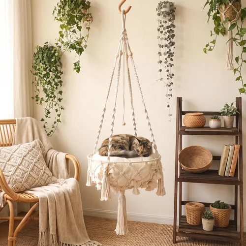 Vista 7 de Beige Breathable Boho Hanging Cat Hammock, Cat Swing Bed, Soft Indoor Hanging Bed, Cozy Pet Swing, Hammock, Relaxing Furniture