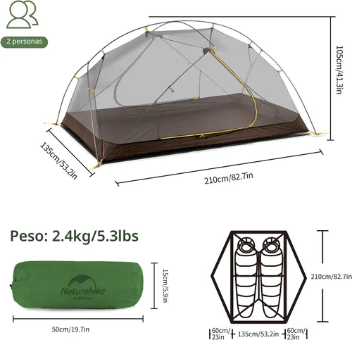 Vista 2 de Naturehike Mongar - Tienda de campaña para 2 personas, 3 estaciones, Tienda de campaña para mochileros ultraliviana para senderismo, Ciclismo