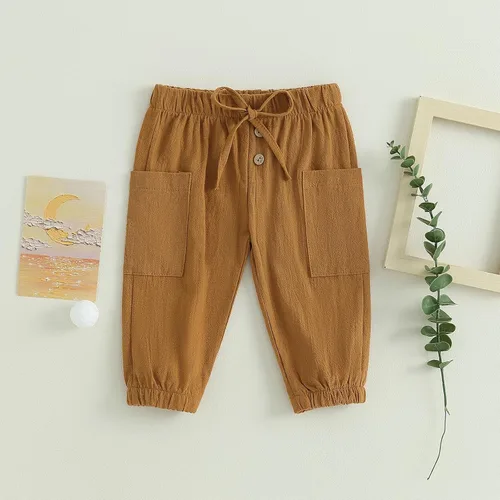 Vista 2 de Pantalones deportivos de algodón y lino para bebés, niños y niñas, elásticos, con botones básicos, estilo harén, ropa de otoño
