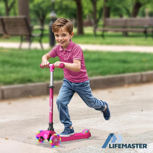 Vista 3 de Lifemaster Mini scooter de 3 ruedas para niños con luces de rueda multicolor – Manillar ajustable de 4 alturas, cubierta ancha antideslizante Rosa