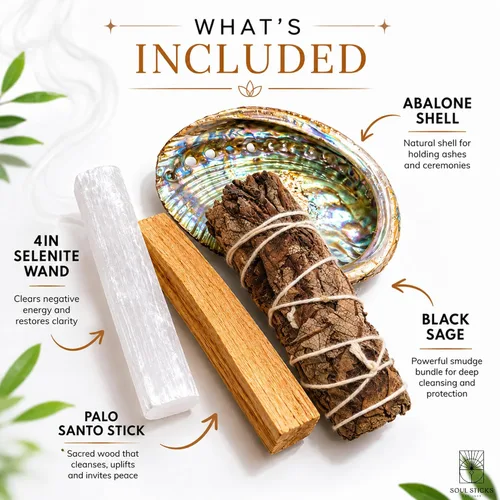 Vista 4 de SOUL STICKS El mini kit de manchas para principiantes incluye varita de selenita de concha de abulón 3-4 de salvia blanca y palo santo con guía