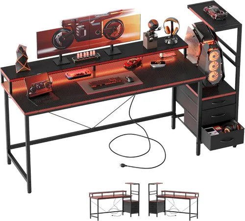 Vista 16 de Mericonia Escritorio para juegos con tomas de corriente y luces LED, escritorio reversible para computadora con soporte para caja de PC, cajones