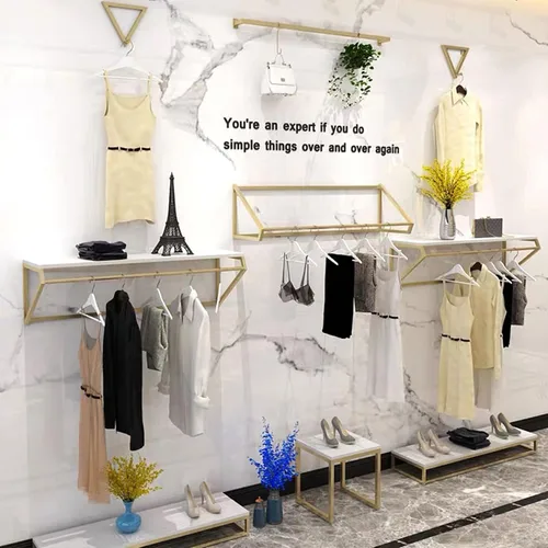 Vista 7 de Modern Simple - Estante de exhibición de metal resistente para hombres y mujeres, perchero de pared con madera, riel para ropa, toallero para colgar