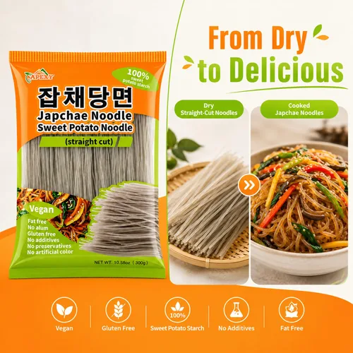 Vista 6 de APEXY Fideos de vidrio de batata corte recto, fideos japchae, pasta de fideos coreanos, sin grasa y sin gluten, 100% almidón de batata, sin