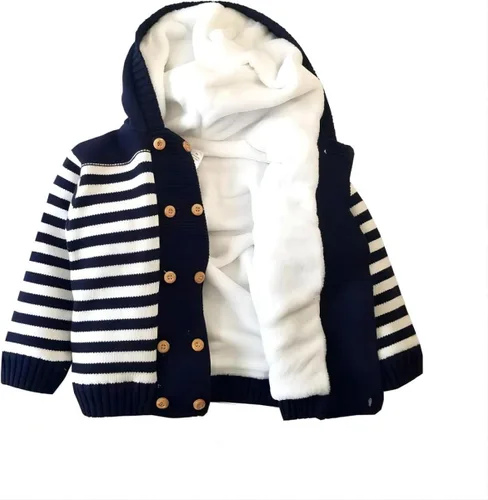 Vista 5 de Suéter de punto a rayas con capucha para niños y niñas, abrigo de invierno para bebés, Coral